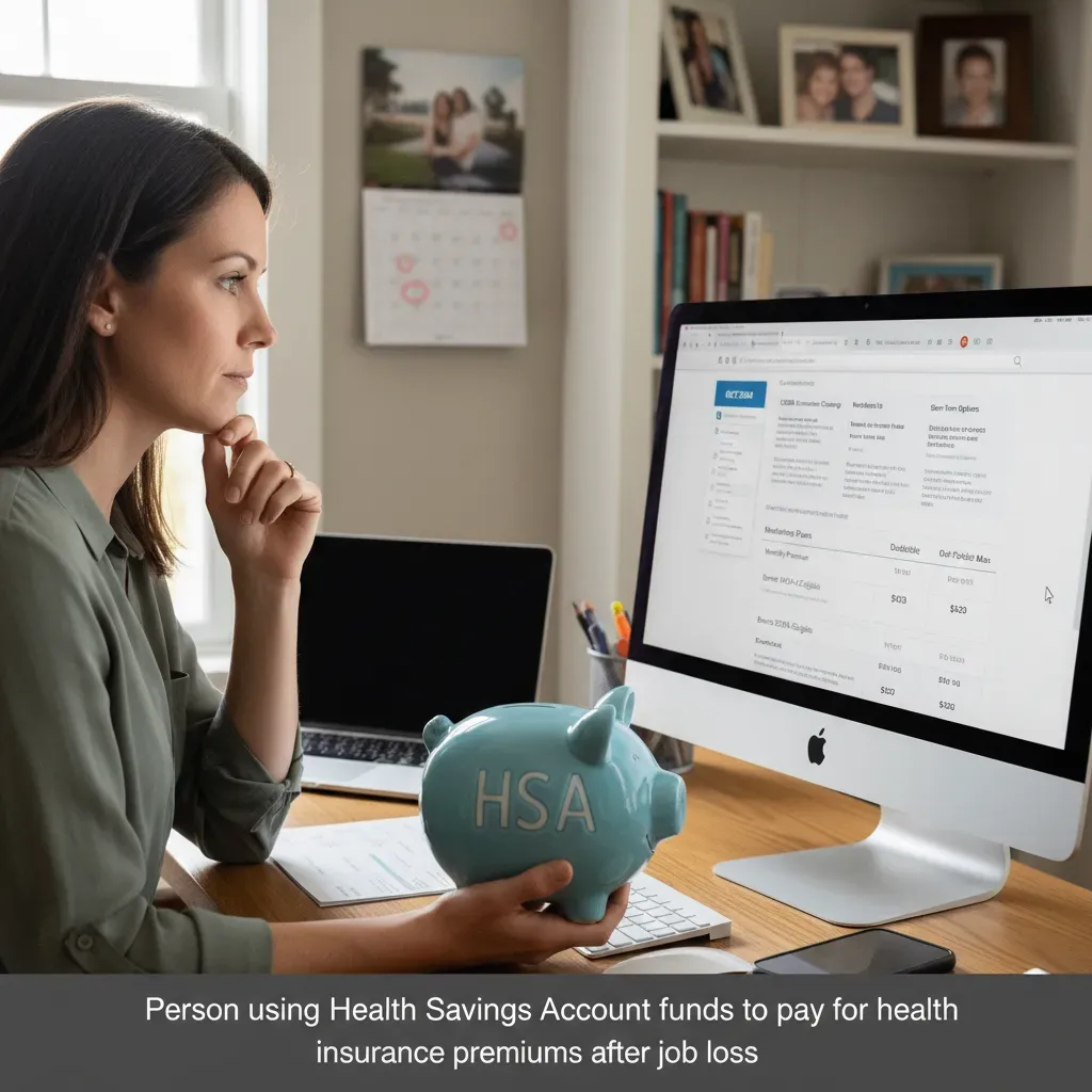 A person holding a piggy bank labeled 'HSA' and looking at a computer screen showing insurance options, representing financial planning for health costs. Alt text: Person using Health Savings Account funds to pay for health insurance premiums after job loss.