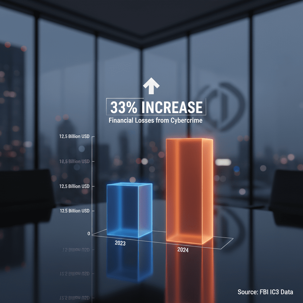 A bar chart visualization comparing the 2023 vs 2024 financial losses from cybercrime based on FBI IC3 data, highlighting the 33% increase.