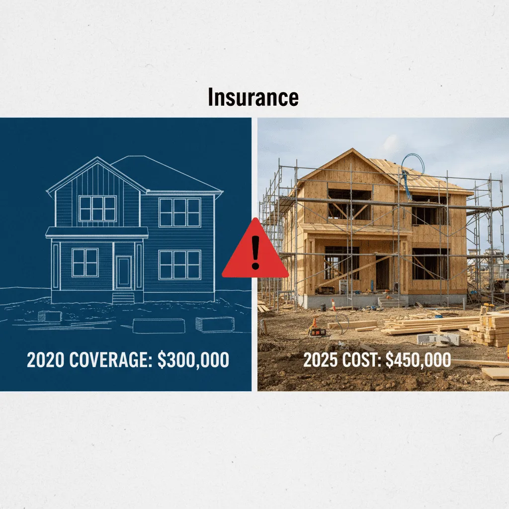 A dramatic split-screen graphic. On the left, a blueprint of a house labeled "2020 Coverage: $300k". On the right, a photo of the same house under construction labeled "2025 Cost: $450k". A red warning icon sits between them.