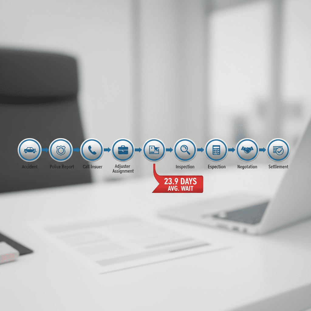 A horizontal timeline infographic showing the process: Accident -> Police Report -> Call Insurer -> Adjuster Assignment -> Inspection -> Estimation -> Negotiation -> Settlement. Highlight a 