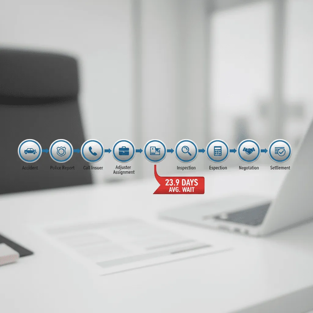A horizontal timeline infographic showing the process: Accident -> Police Report -> Call Insurer -> Adjuster Assignment -> Inspection -> Estimation -> Negotiation -> Settlement. Highlight a "23.9 Days" average wait time marker in the middle.