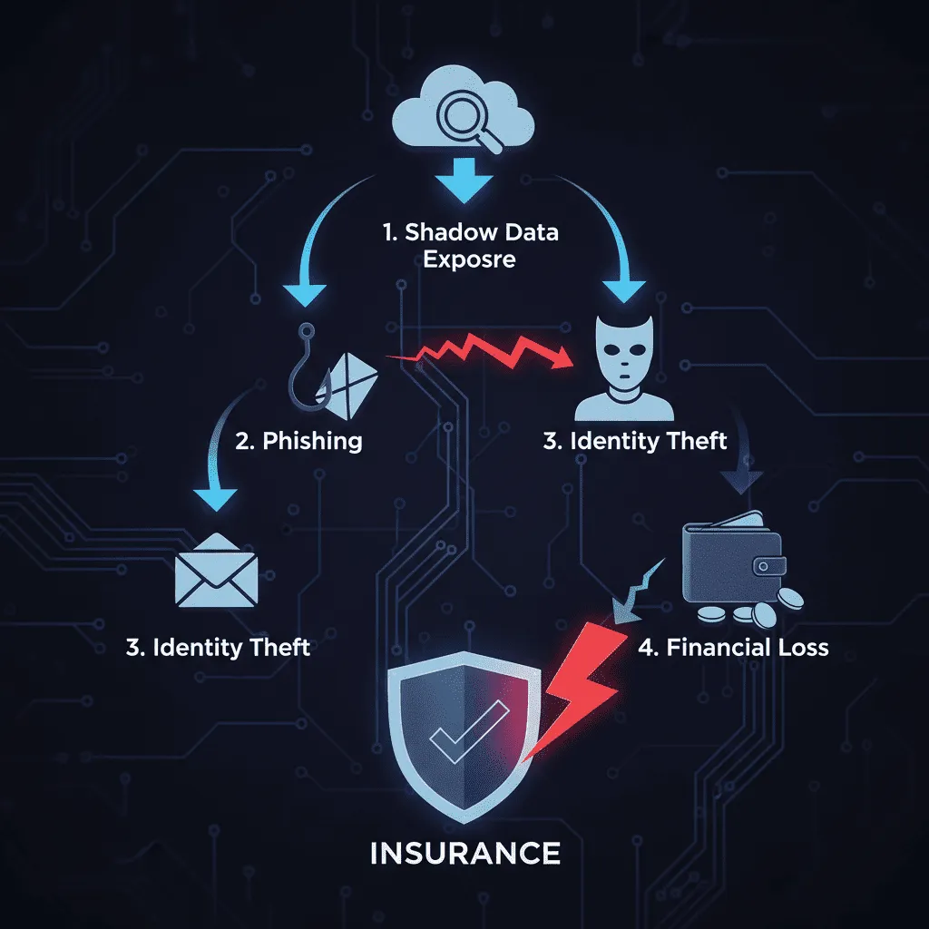 Infographic illustrating the "Path of a Data Breach" starting from Shadow Data exposure, moving to Phishing, then Identity Theft, and finally Financial Loss.