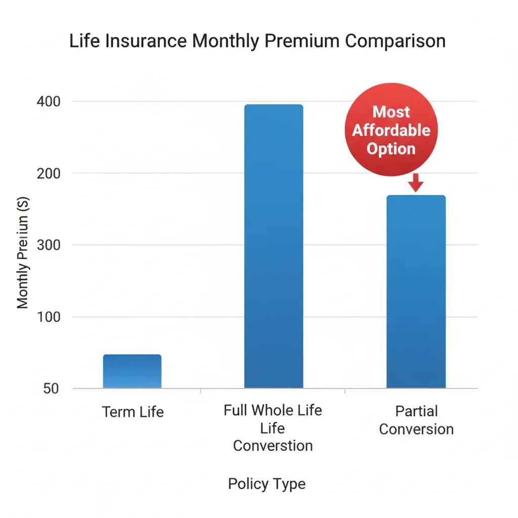 A simple bar chart comparing monthly premiums. The first bar is low (Term Life), the second is high (Full Whole Life Conversion), and the third is medium (Partial Conversion), highlighting the affordability of the partial option.