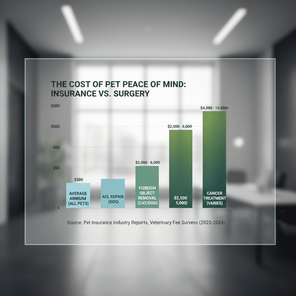 A bar chart comparing the average annual cost of pet insurance premiums versus the cost of common major surgeries like ACL repair and foreign object removal.