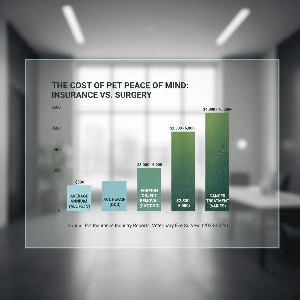 A bar chart comparing the average annual cost of pet insurance premiums versus the cost of common major surgeries like ACL repair and foreign object removal.