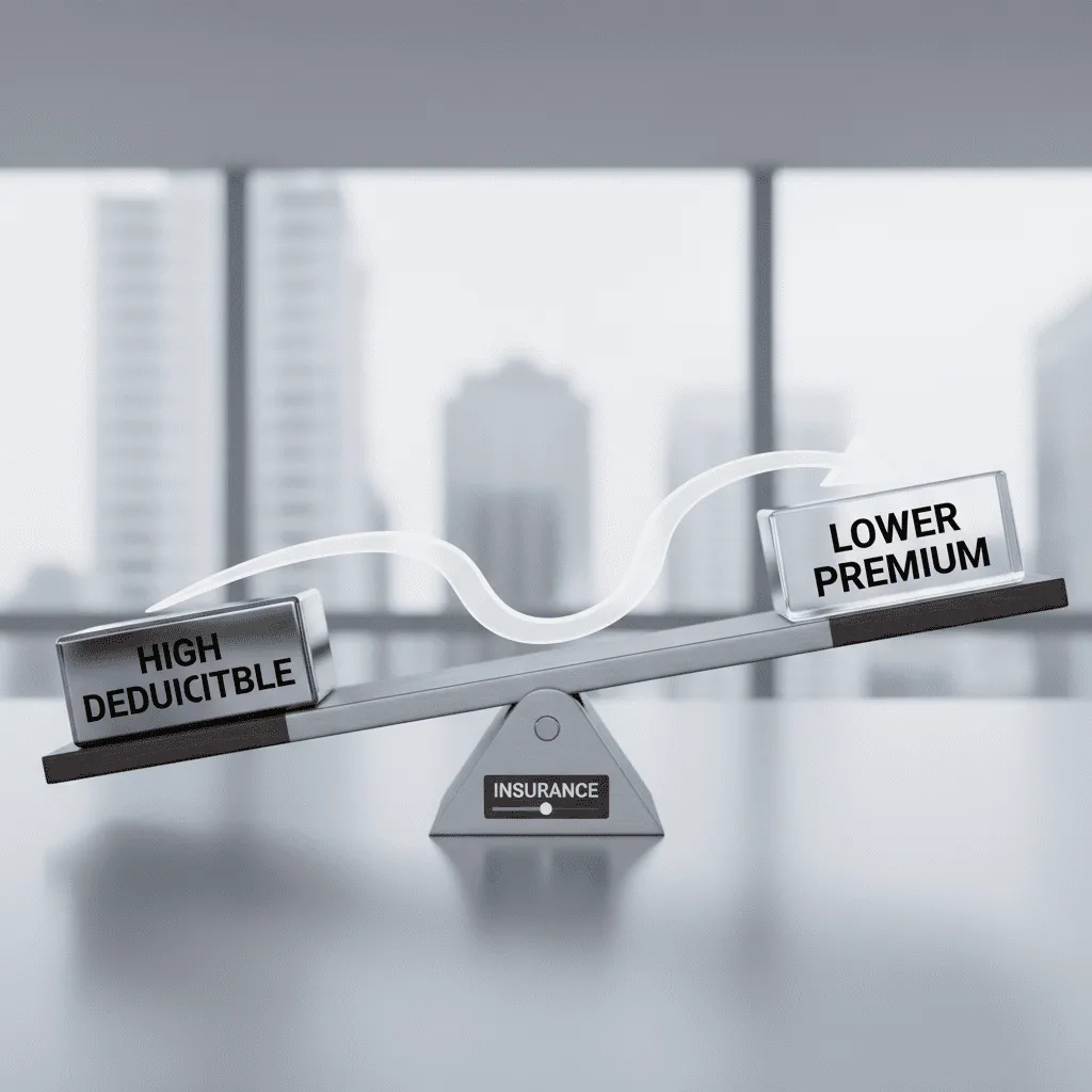 A visual "slider" or see-saw graphic demonstrating the inverse relationship: High Deductible on one side lowers the Premium on the other.