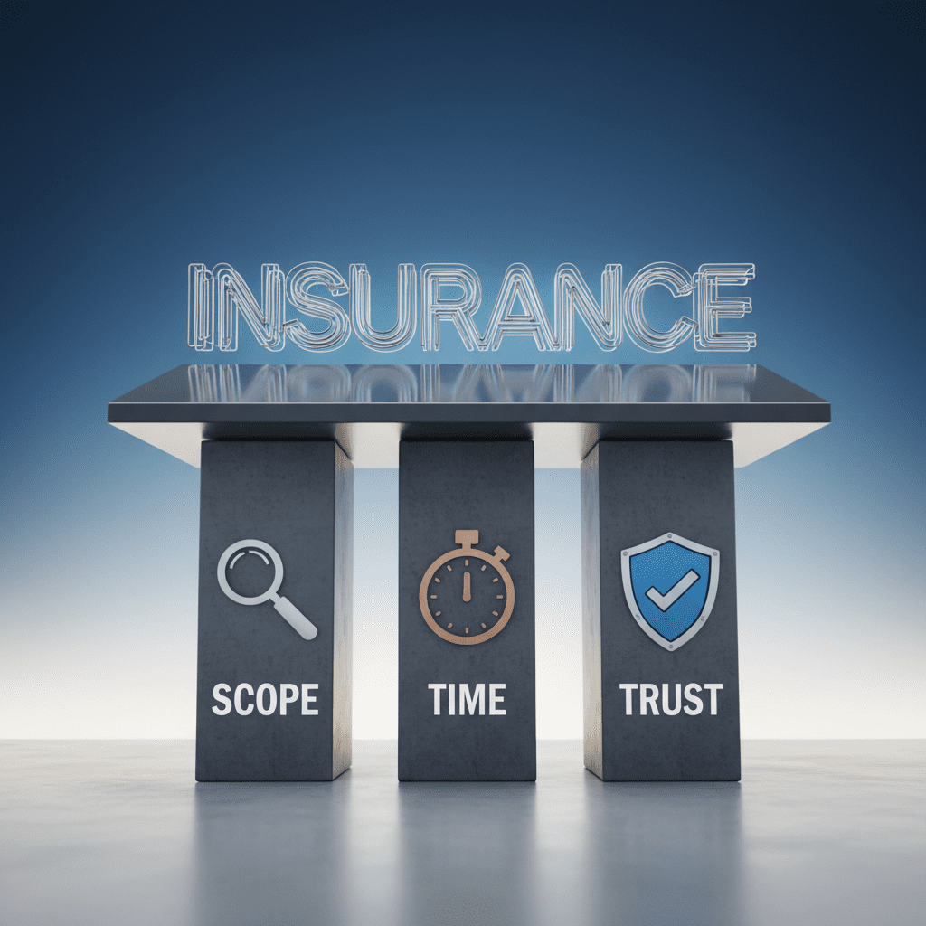 Quotes Made Easy: What to Look For Beyond the Price Tag A conceptual infographic showing three pillars holding up a roof: Scope (magnifying glass), Time (stopwatch), and Trust (shield icon).