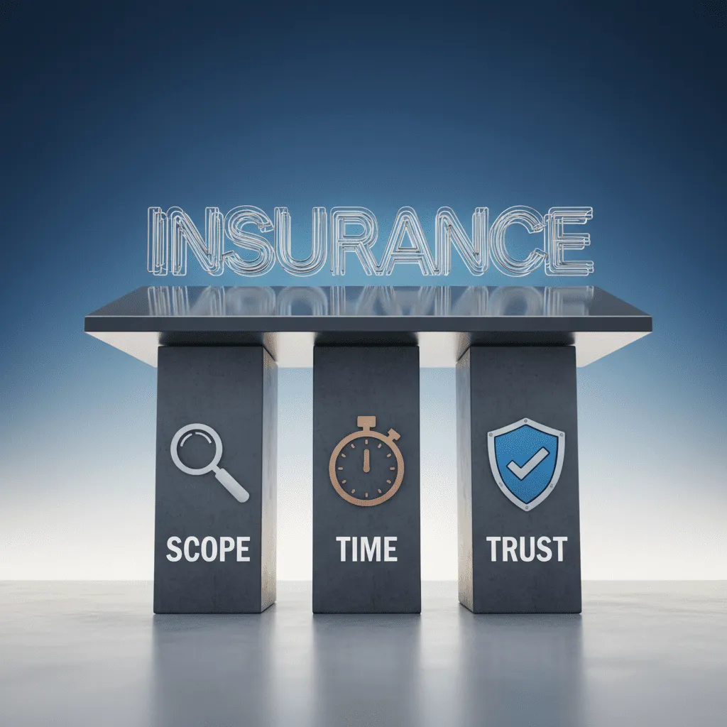 A conceptual infographic showing three pillars holding up a roof: Scope (magnifying glass), Time (stopwatch), and Trust (shield icon).