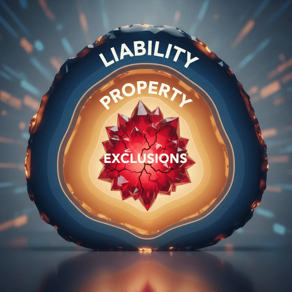 A conceptual illustration of an "Insurance Onion," showing layers of protection. The outer layer is labelled "Liability," the middle layer "Property," and the core labelled "Exclusions" in a different color to highlight hidden risks.