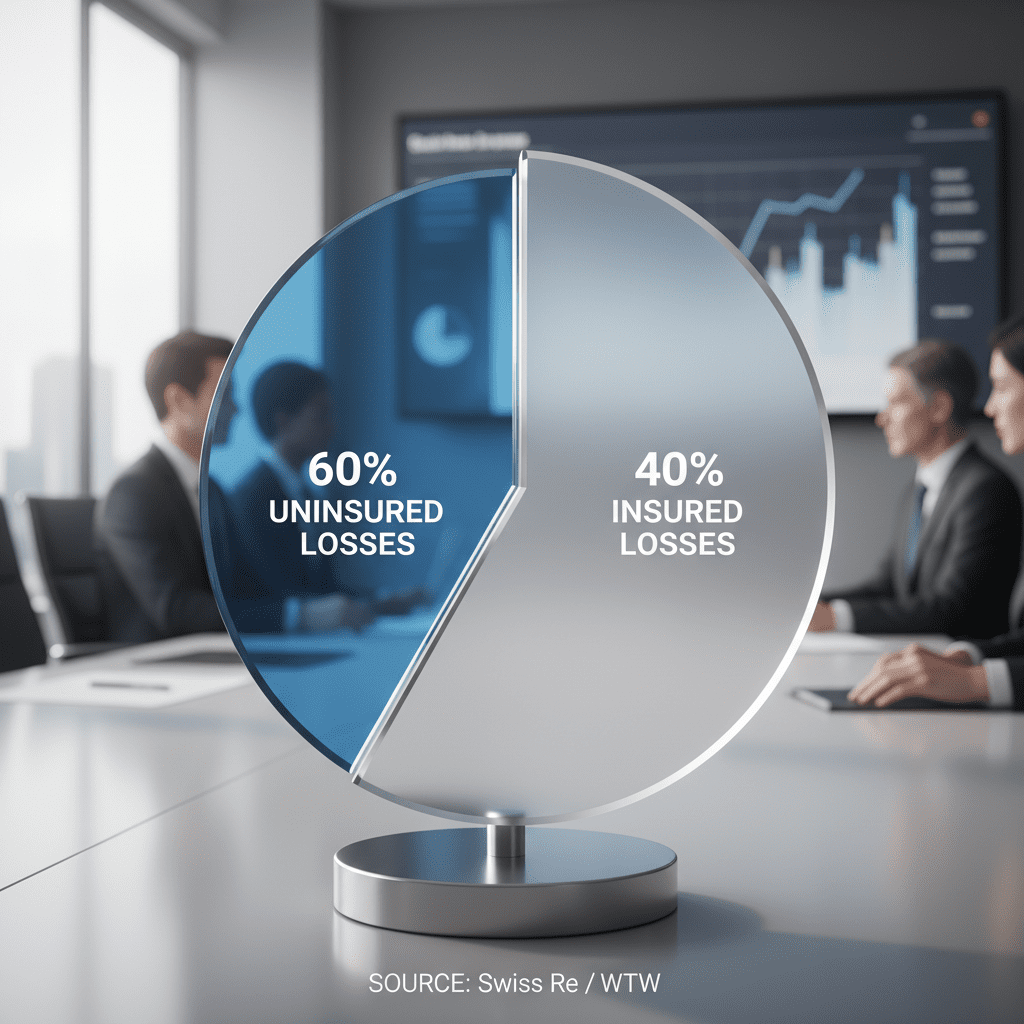 What Even *Is* Insurance? Your Plain-Language Guide to How It Works A pie chart showing the global protection gap: 60% Uninsured Losses vs. 40% Insured Losses, citing Swiss Re/WTW data.