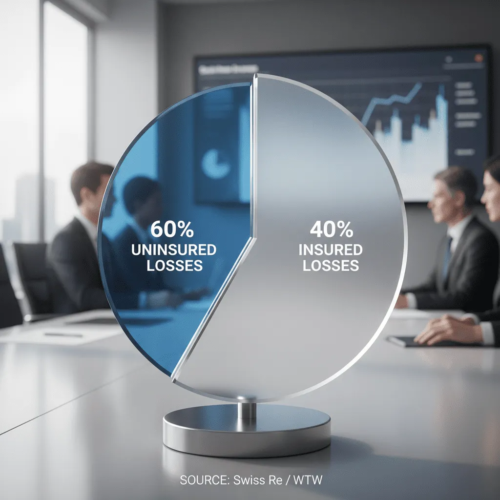 A pie chart showing the global protection gap: 60% Uninsured Losses vs. 40% Insured Losses, citing Swiss Re/WTW data.