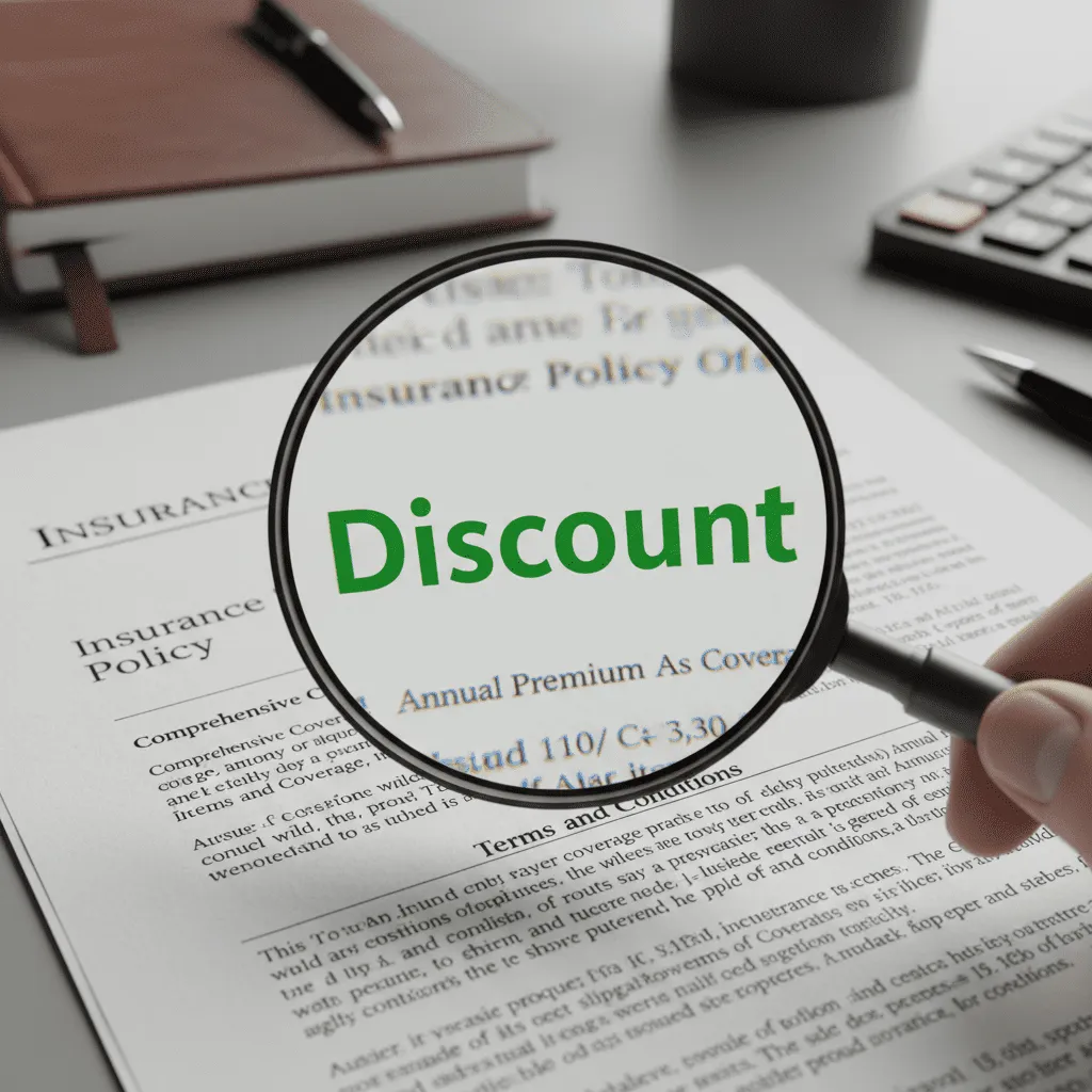 A close-up concept shot of a magnifying glass over an insurance policy document highlighting the word 'Discount' in green ink.