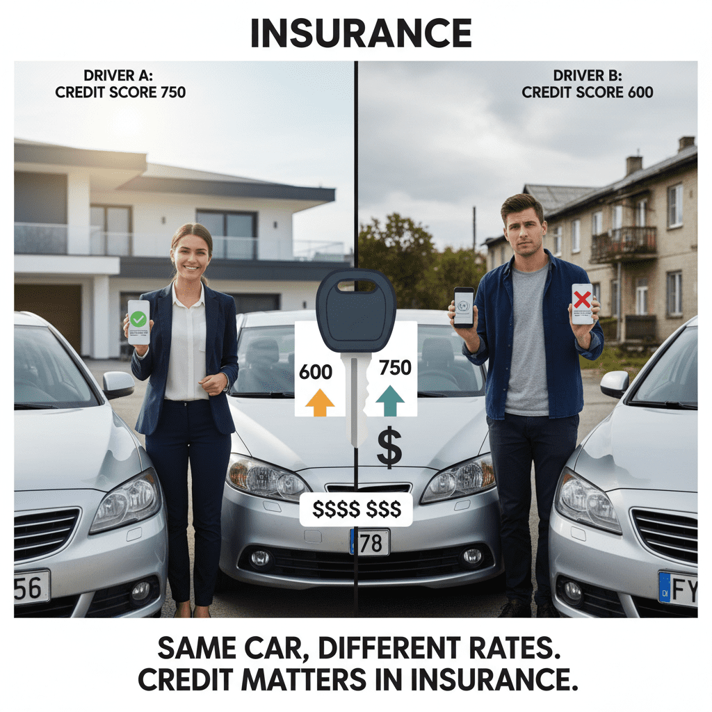 Unlocking Every Insurance Discount You Qualify For A split-screen infographic comparing two drivers: Driver A with a 750 credit score paying significantly less than Driver B with a 600 score, despite having the same car.