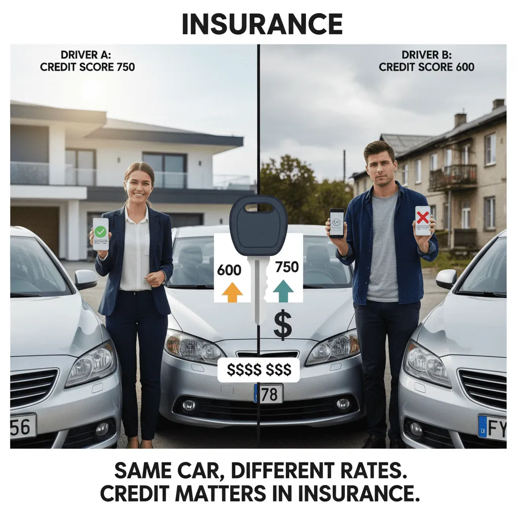 A split-screen infographic comparing two drivers: Driver A with a 750 credit score paying significantly less than Driver B with a 600 score, despite having the same car.