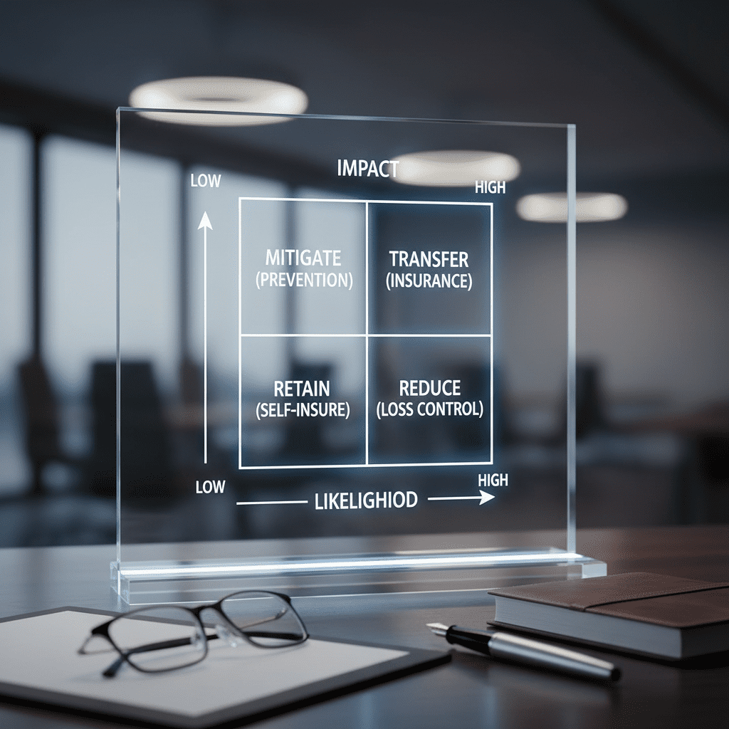 Avoid, Mitigate, Transfer: Simple Ways to Handle Life's Uncertainties A 2x2 Matrix Grid. X-Axis: Likelihood (Low to High). Y-Axis: Impact (Low to High). Quadrants labeled with the four strategies.