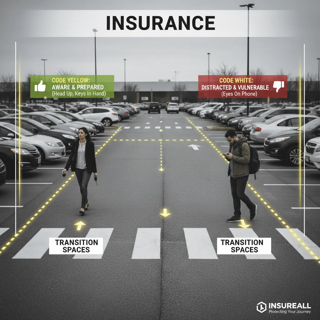 A diagram of a parking lot highlighting "Transition Spaces" and demonstrating "Code Yellow" behavior (head up, keys in hand) versus "Code White" behavior (distracted by phone).