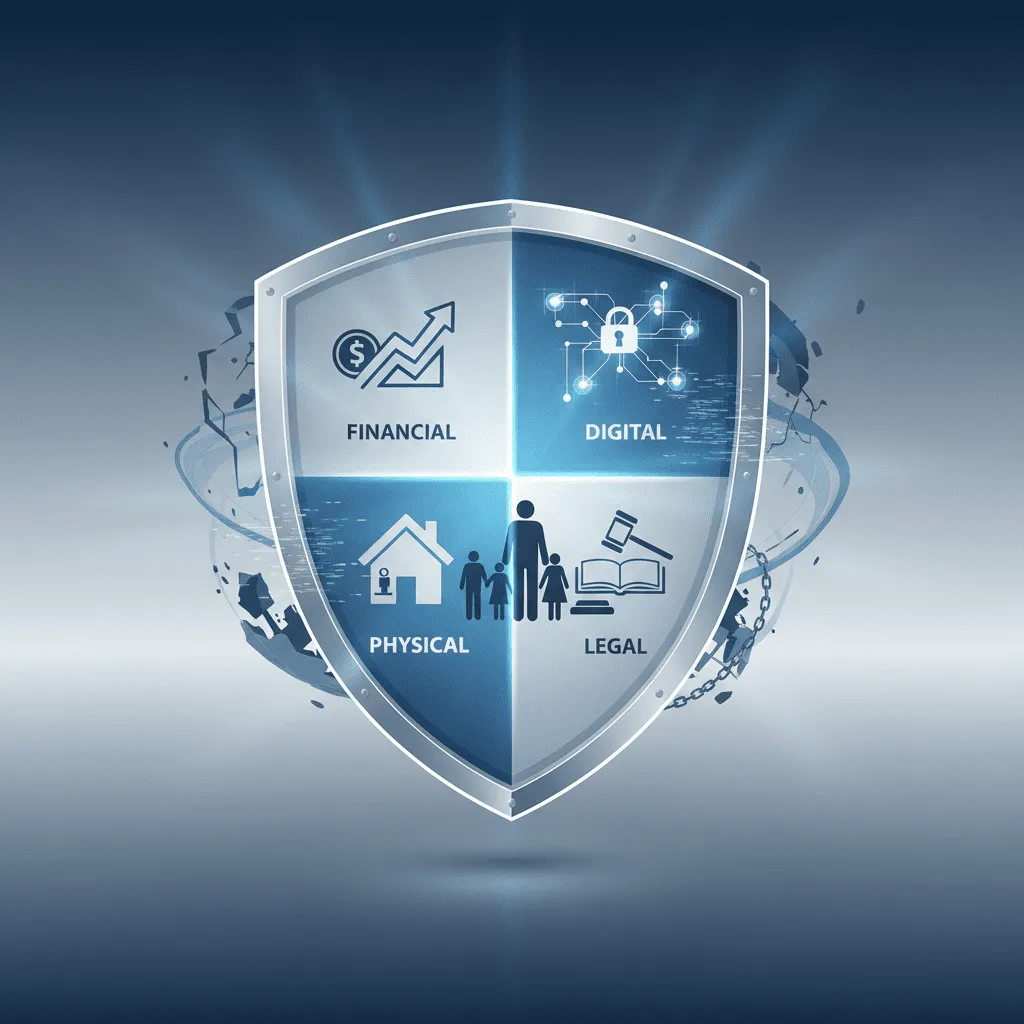 A conceptual illustration of a "Shield" divided into four quadrants: Financial, Digital, Physical, and Legal, protecting a silhouette of a family.