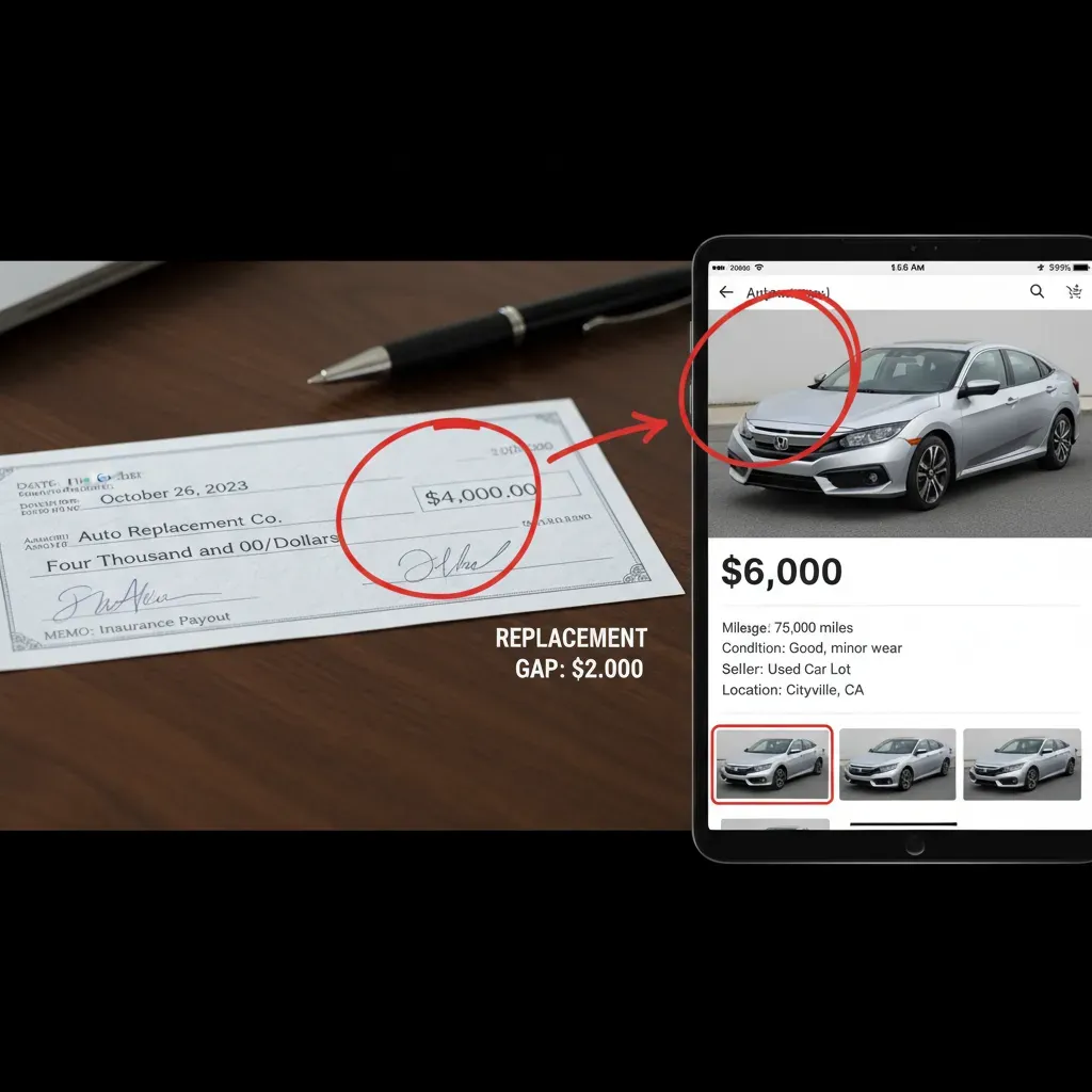 A split-screen photo showing a check for $4,000 on the left and a used car listing for a similar car costing $6,000 on the right, highlighting the replacement gap.