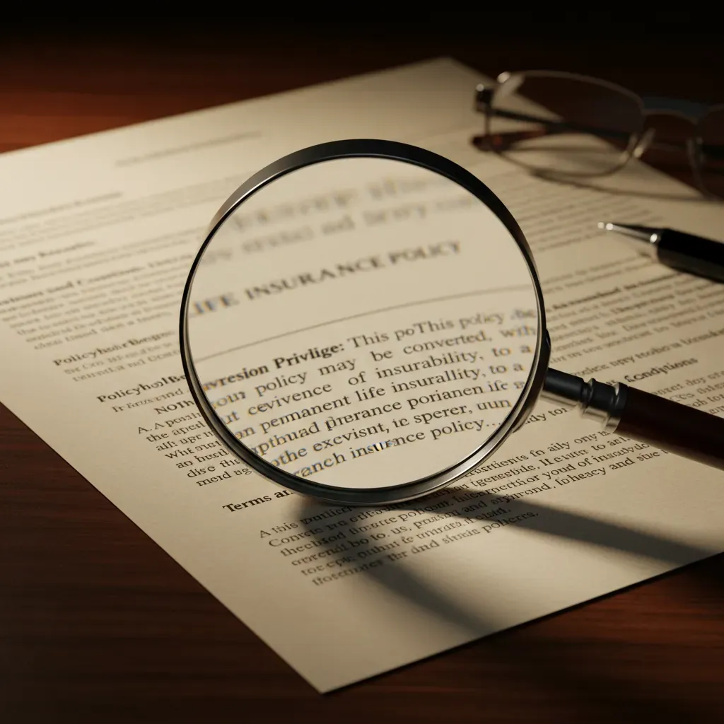 A close-up photo of a life insurance policy document with a magnifying glass hovering over the 'Conversion Privilege' clause text. The lighting is focused and professional.