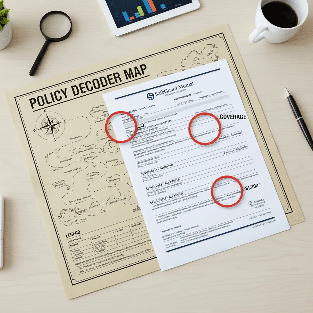 An infographic styled as a 'Policy Decoder Map', pointing to a sample Declarations Page highlighting where to find 'Policy Limits', 'Deductibles', and 'Named Insured'.