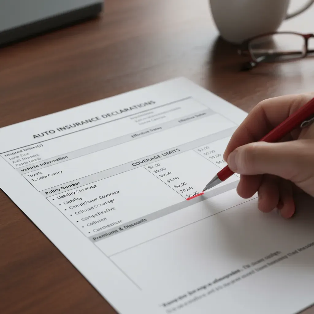 A close-up photo of a car insurance declarations page on a wooden desk with a red pen highlighting the 'Coverage Limits' section. Alt text: A sample car insurance declarations page showing policy details.
