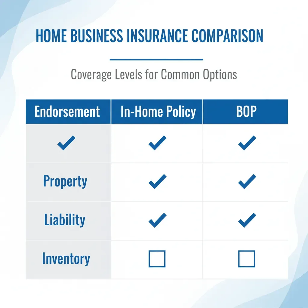 A comparison chart graphic showing three columns: Endorsement, In-Home Policy, and BOP, with checkmarks indicating coverage levels for Property, Liability, and Inventory. Alt text: Comparison chart of home business insurance options.