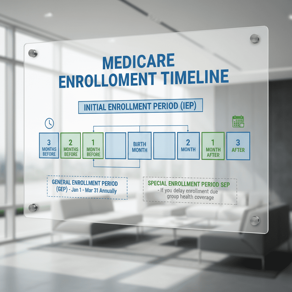 A flowchart showing the timeline for Medicare enrollment. It highlights the 