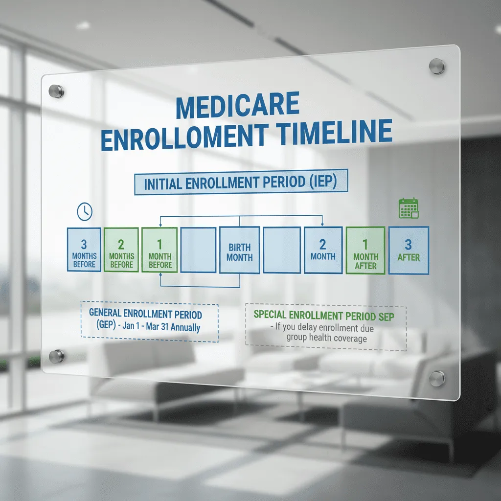 A flowchart showing the timeline for Medicare enrollment. It highlights the "Initial Enrollment Period" encompassing the 3 months before turning 65, the birth month, and the 3 months after.