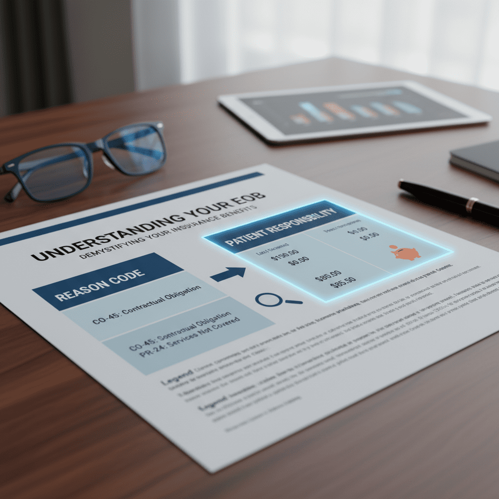 Infographic breaking down an Explanation of Benefits (EOB) document, highlighting the 