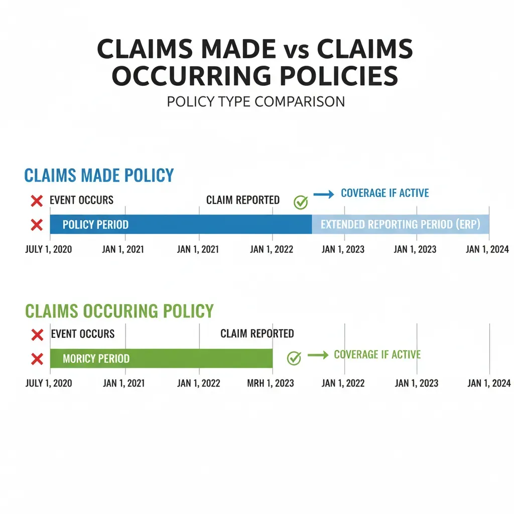 A close-up infographic comparing 'Claims Made' vs 'Claims Occurring' policies on a timeline, using simple color-coded bars to show when coverage must be active for a claim to be valid.