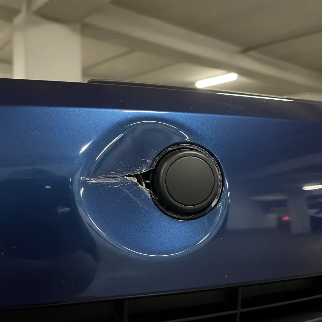 A close-up photo of a modern car bumper showing a small dent near a parking sensor, illustrating how minor damage can affect expensive electronics.