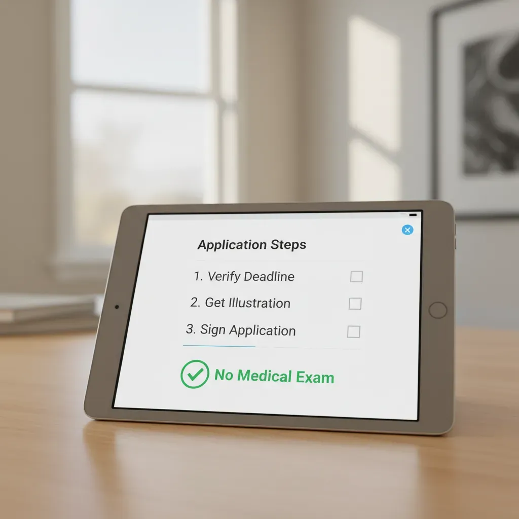 A simple checklist graphic on a tablet screen showing steps: 1. Verify Deadline, 2. Get Illustration, 3. Sign Application. The screen shows 'No Medical Exam' checked off in green.