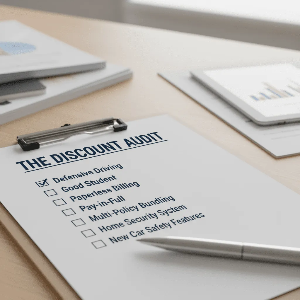 A checklist graphic titled 'The Discount Audit' showing items like 'Defensive Driving', 'Good Student', 'Paperless Billing', and 'Pay-in-Full' with checkboxes.
