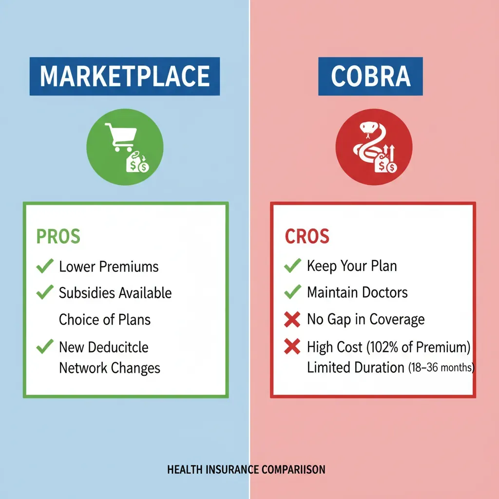 A split-screen comparison graphic showing 'Marketplace' with a low price tag icon and 'COBRA' with a high price tag icon, along with a checklist of pros and cons for each. Alt text: Comparison chart showing cost differences between ACA Marketplace plans and COBRA coverage.