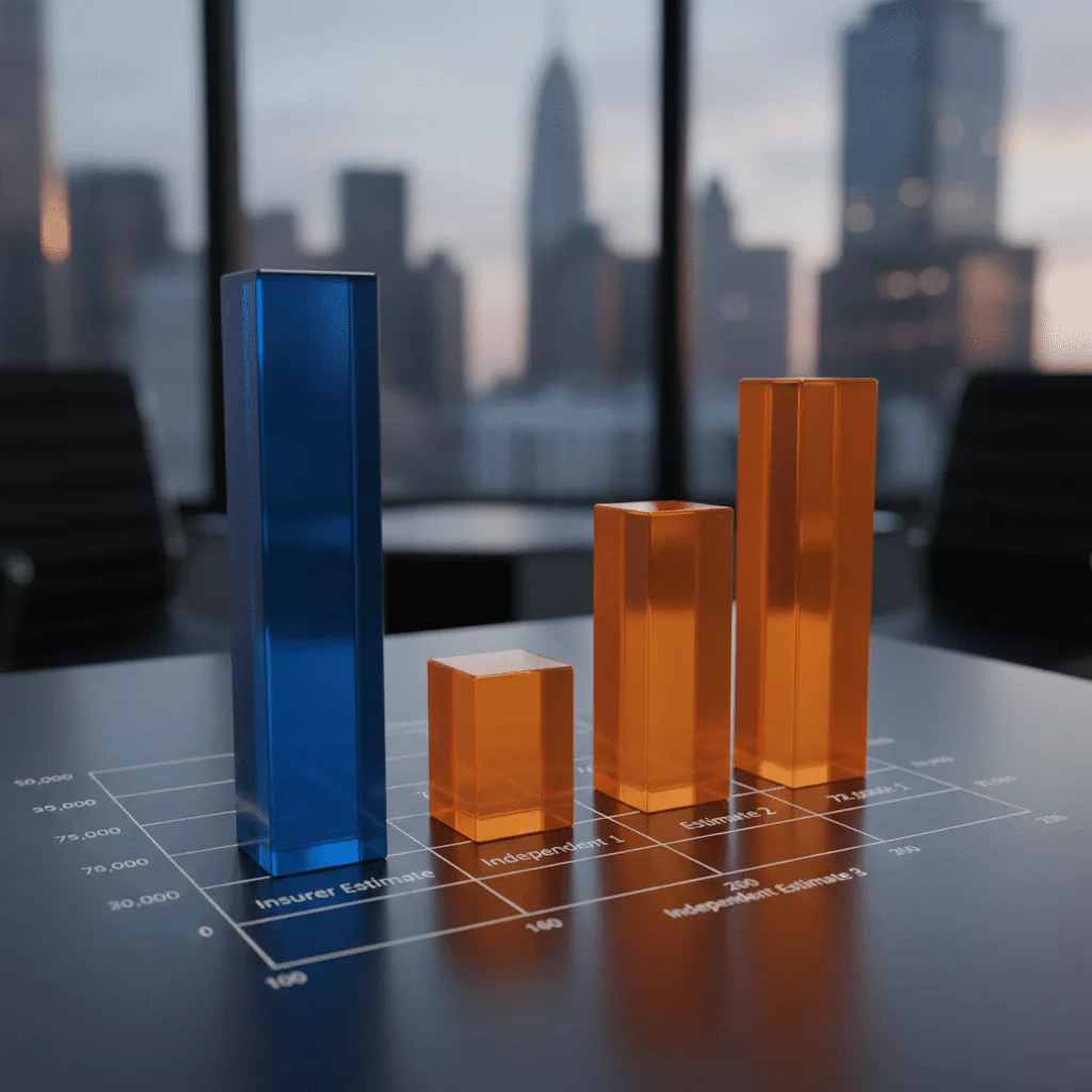 A bar chart comparing "Insurer Estimate" vs "Independent Estimate 1", "Estimate 2", "Estimate 3" showing a clear gap in value.
