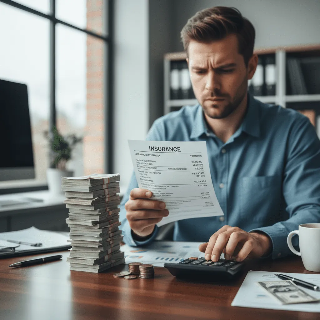 A stressed person looking at an insurance bill with a calculator nearby, contrasting a high stack of money (premium) with a small stack (deductible)
