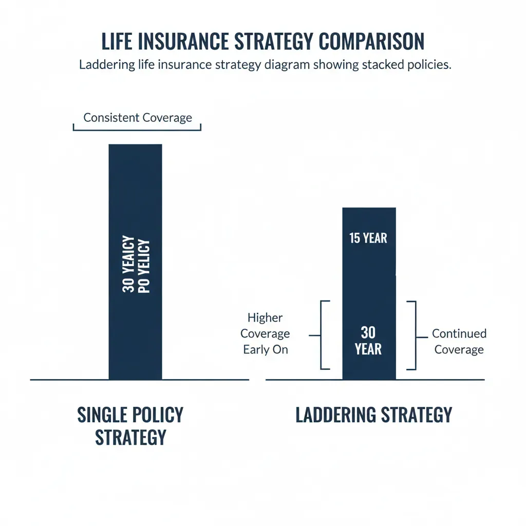 Visual diagram comparing two strategies. Left side shows one large bar labeled '30 Year Policy'. Right side shows two stacked bars, one short labeled '15 Year' and one long labeled '30 Year', showing how they combine for high coverage early on. Alt text: Laddering life insurance strategy diagram showing stacked policies.