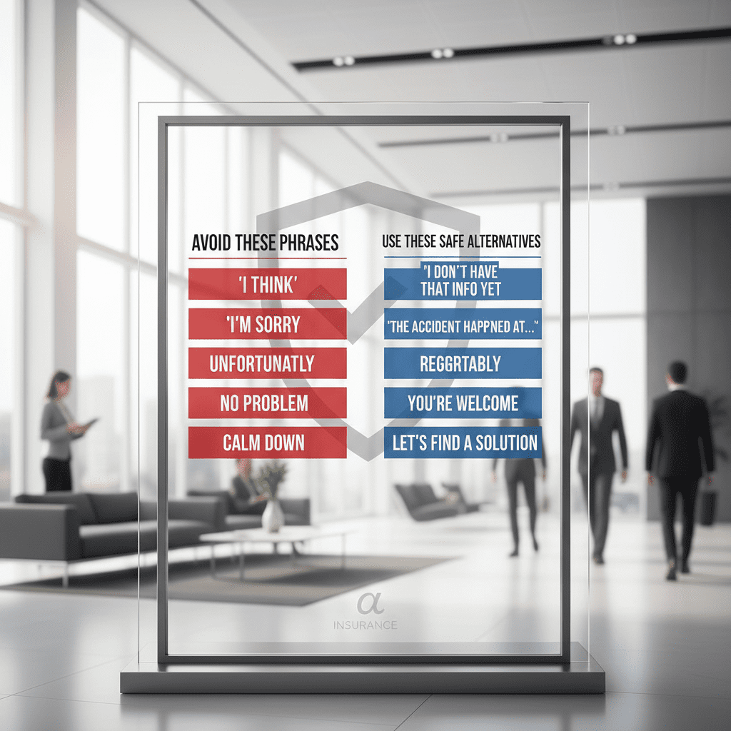A "Say This, Not That" table graphic. Left column "Avoid these phrases", Right column "Use these safe alternatives". Examples: "I think" vs "I don