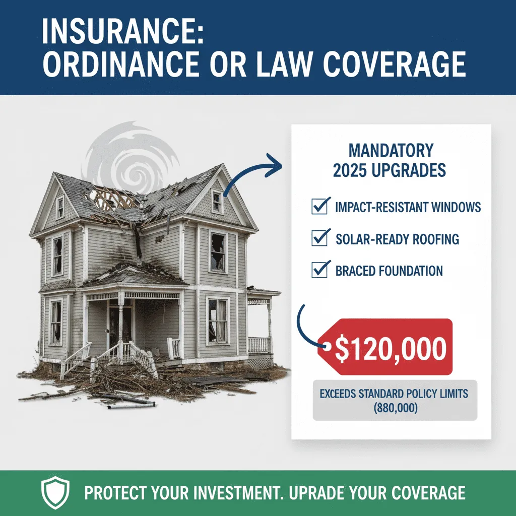 An infographic illustrating "Ordinance or Law Coverage." It shows an older home damaged by a storm, and a checklist of "Mandatory 2025 Upgrades" like impact windows and solar-ready roofing, with a price tag that exceeds the standard policy limit.