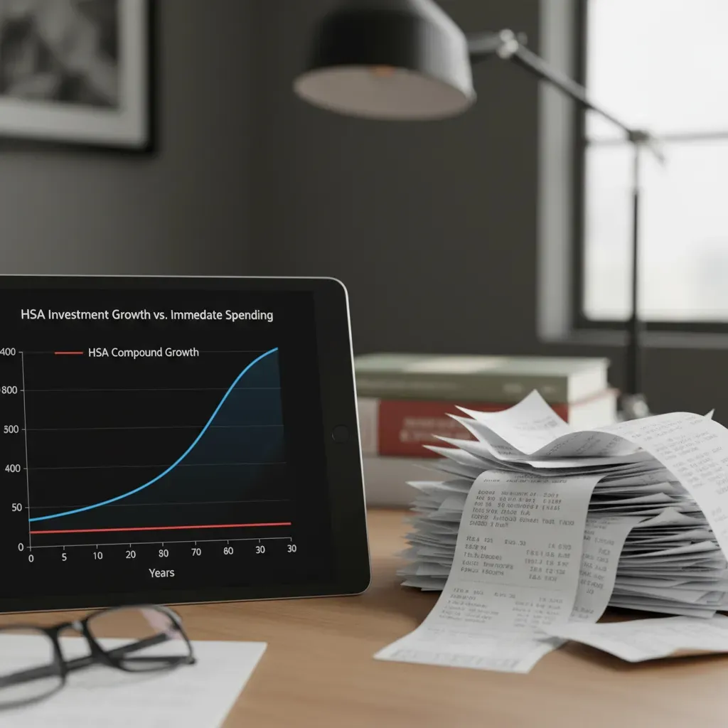 A digital tablet showing a graph of investment growth over time, next to a stack of medical receipts. Alt text: Graph showing compound interest growth of HSA funds compared to spending immediately.