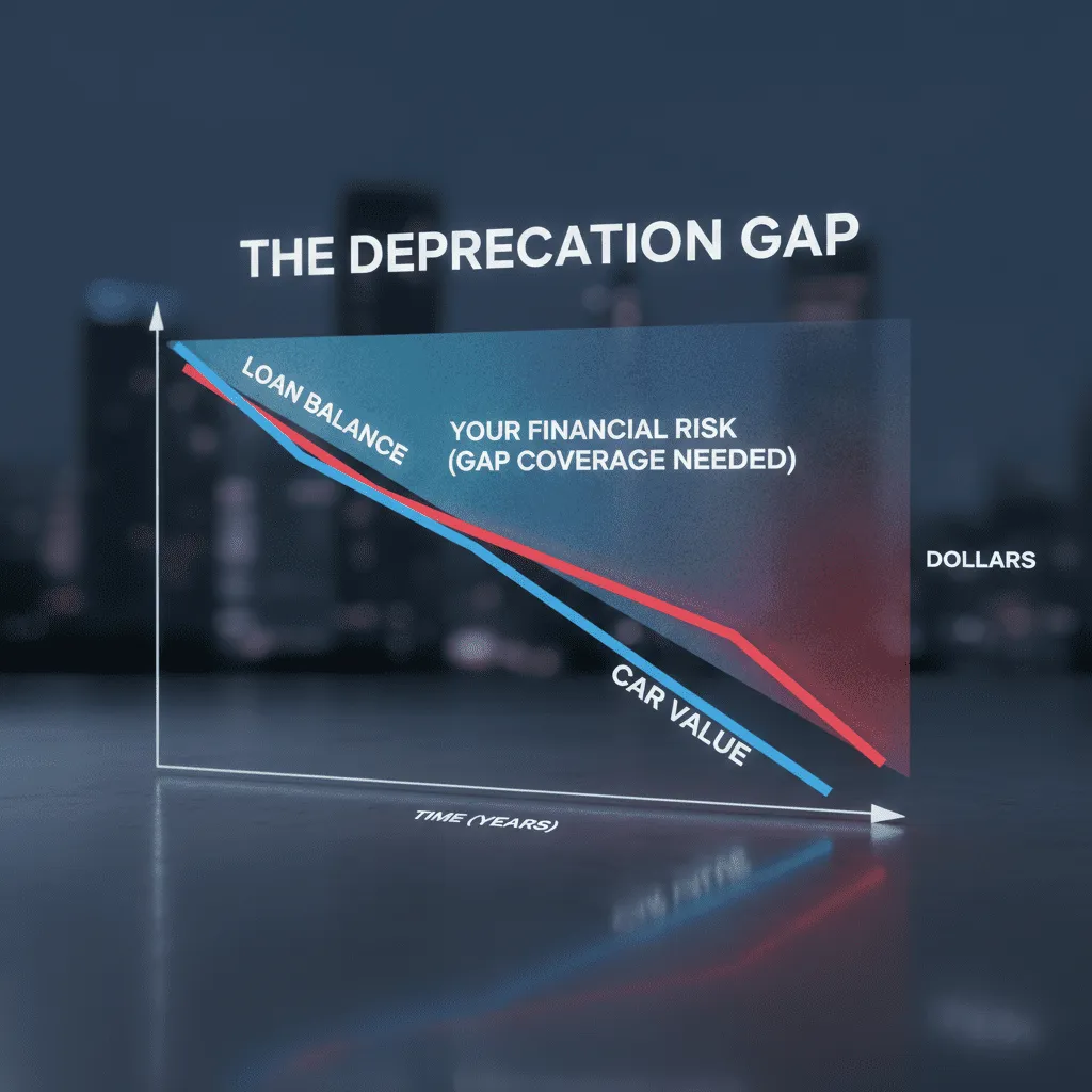 A line graph titled "The Depreciation Gap." The blue line shows the "Loan Balance" decreasing slowly. The red line shows "Car Value" dropping sharply. The shaded area between them is labeled "Your Financial Risk (GAP Coverage Needed)."