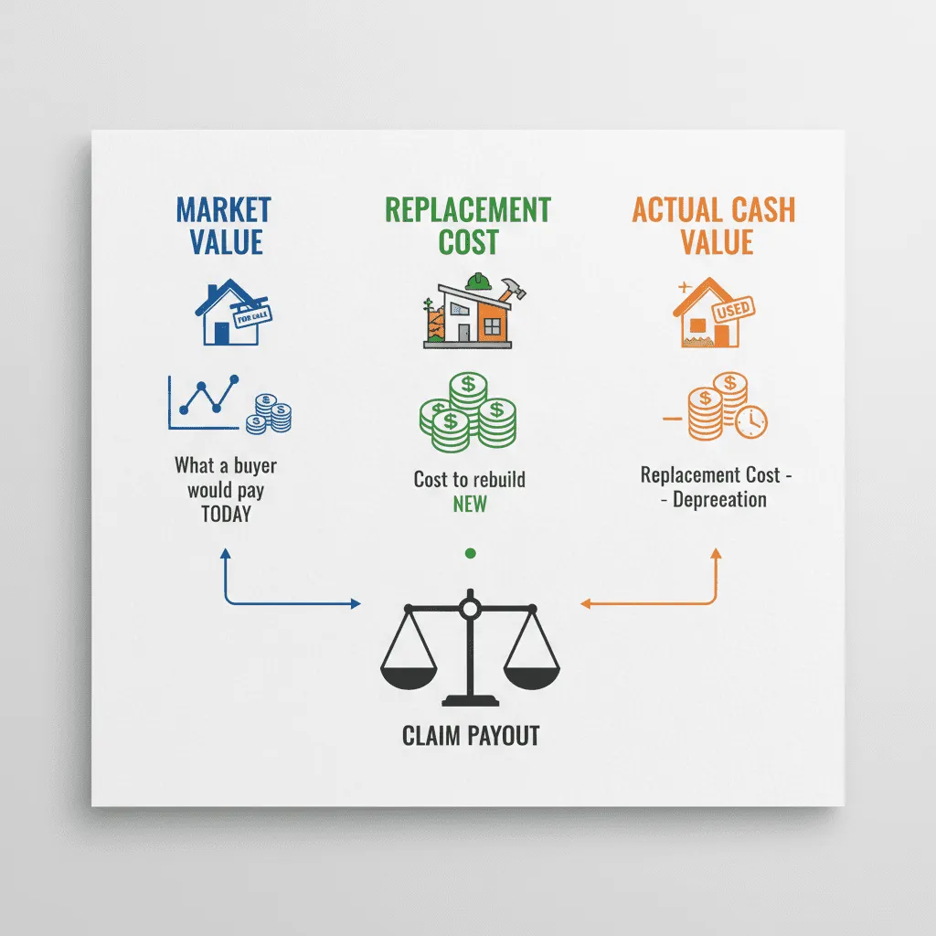 An infographic comparing 'Market Value' vs 'Replacement Cost' vs 'Actual Cash Value' with simple icons of houses and dollar signs