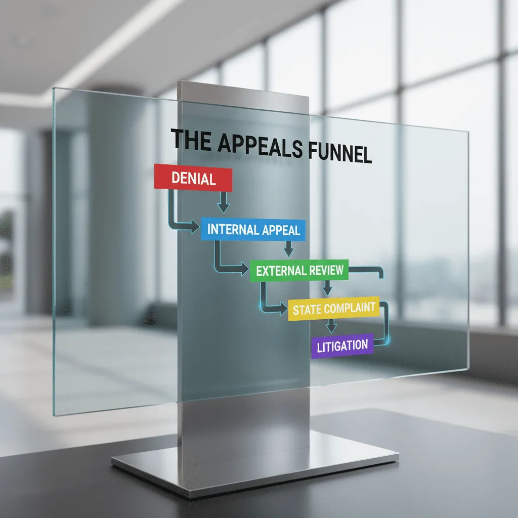 A flowchart graphic titled 'The Appeals Funnel' showing the path from Denial -> Internal Appeal -> External Review -> State Complaint -> Litigation.