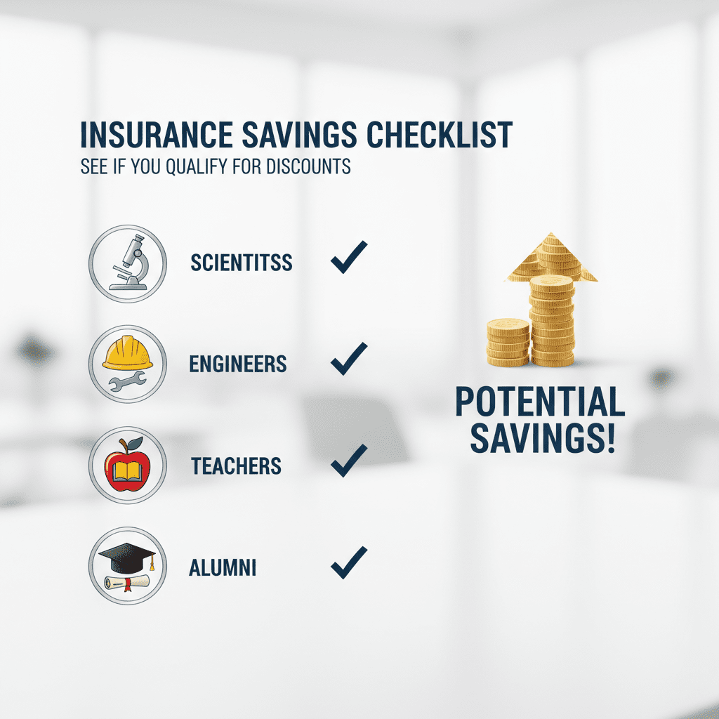 Unlocking Every Insurance Discount You Qualify For A visual checklist of occupational badges: A microscope (Scientists), a hard hat (Engineers), an apple (Teachers), and a graduation cap (Alumni), indicating potential savings.