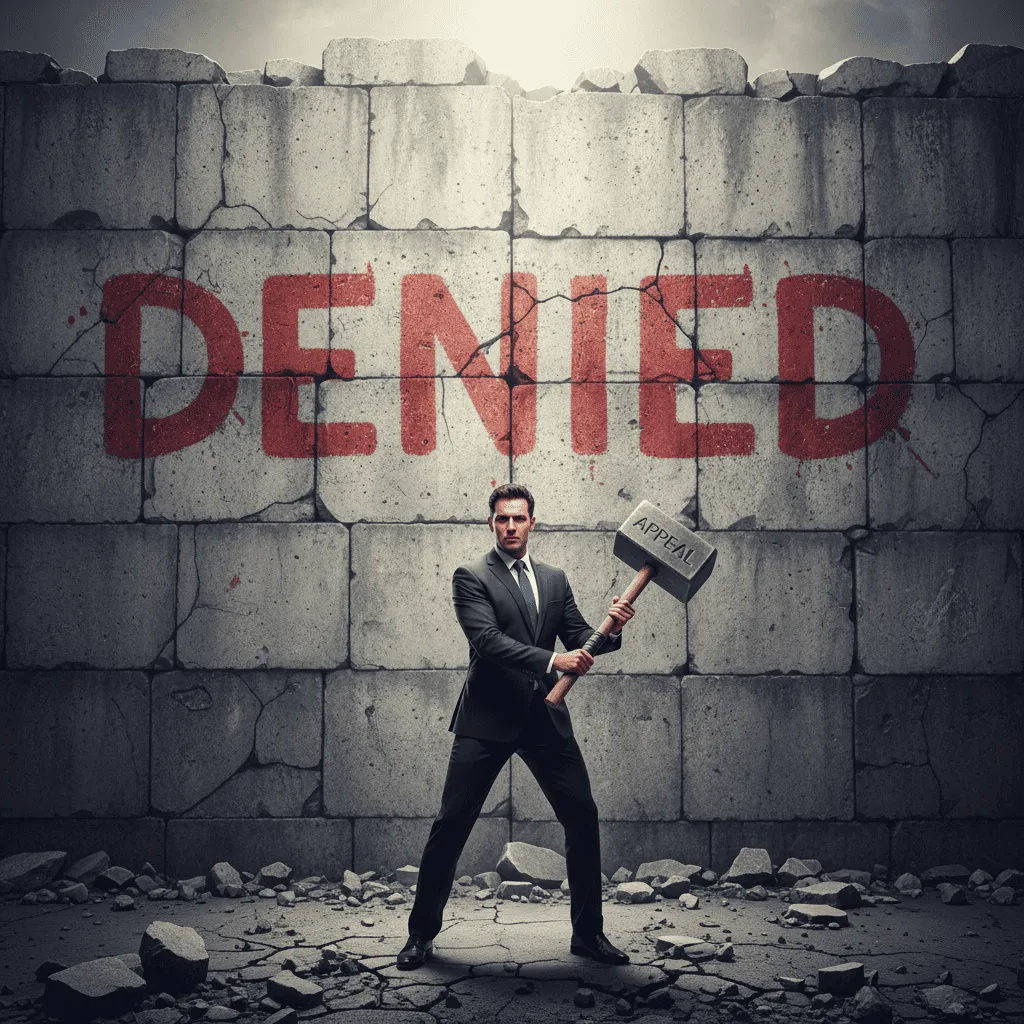 A conceptual illustration showing a person standing confidently in front of a giant wall marked 'DENIED' with a sledgehammer labeled 'APPEAL'.