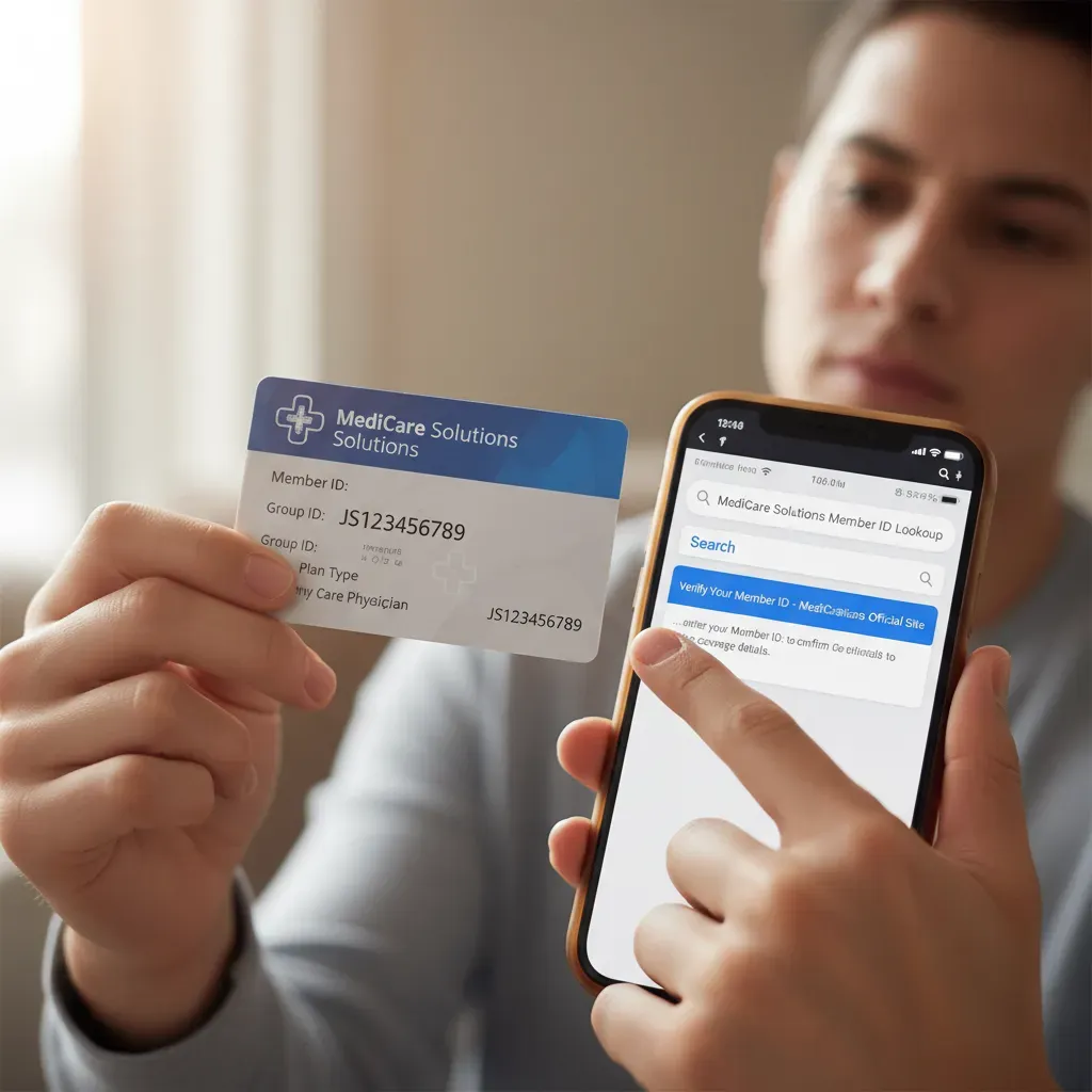 A close-up photo of a person holding a health insurance card and a smartphone, comparing the Member ID number on the card to a search result on the screen. The lighting is natural and clear.