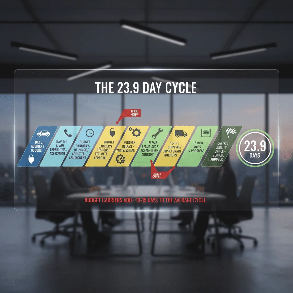 An infographic timeline titled 'The 23.9 Day Cycle,' visualizing the stages of a claim from accident to repair completion, highlighting where budget carriers cause delays.