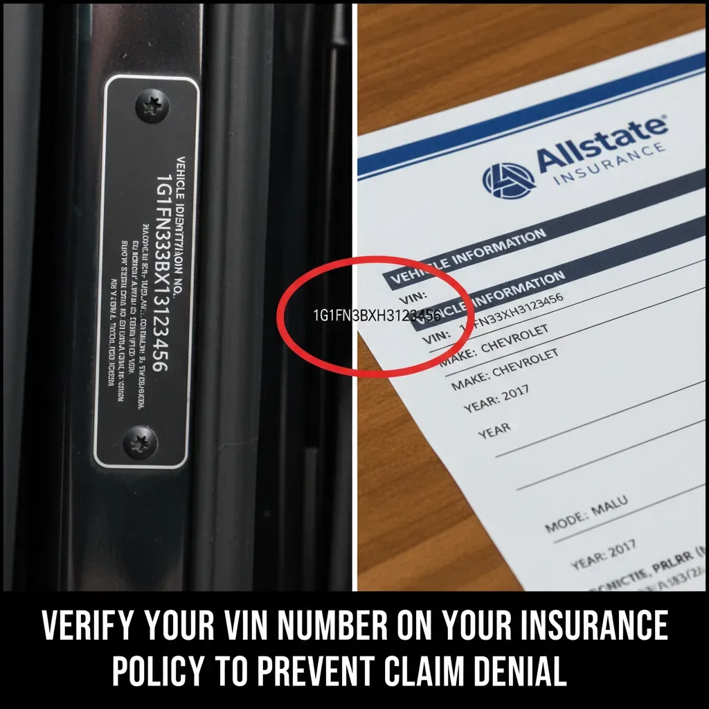 Side-by-side comparison of a Vehicle Identification Number (VIN) on a car door jamb and the VIN listed on an insurance document. Alt text: Verify your VIN number on your insurance policy to prevent claim denial.