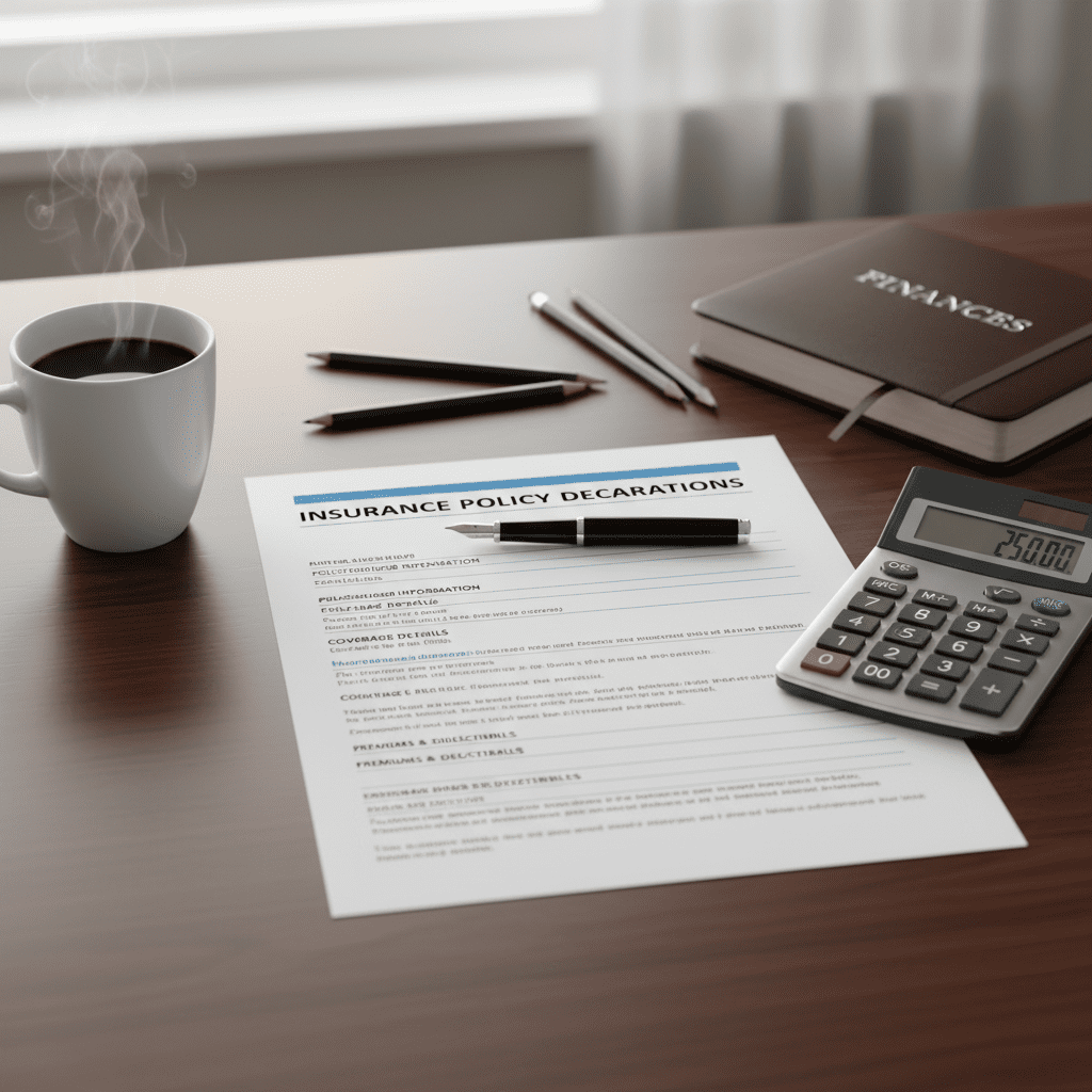 Getting Started with Insurance: The Absolute Basics You Need to Know A calm, professional flat-lay photo of an insurance policy declaration page on a desk, next to a calculator and a cup of coffee, symbolizing financial organization.