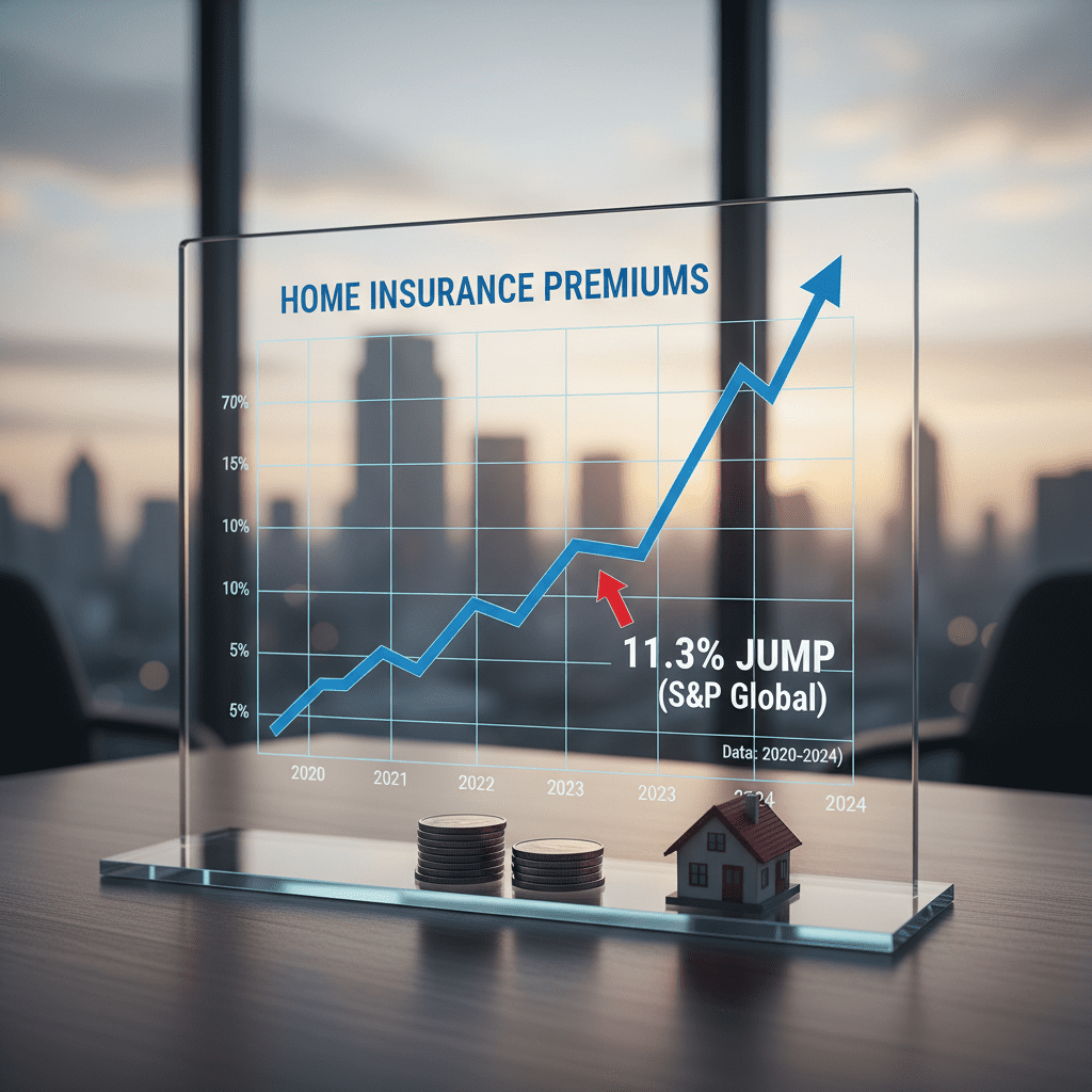Chart showing the sharp incline of Home Insurance Premiums from 2020 to 2024, highlighting the 11.3% jump reported by S&P Global
